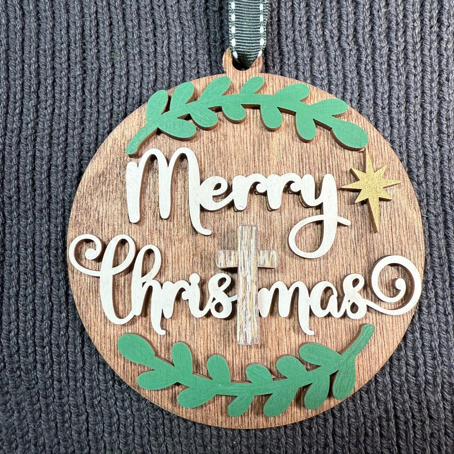 Round Merry Christmas with Cross Layered Wood Ornament