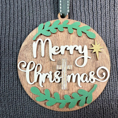 Round Merry Christmas with Cross Layered Wood Ornament