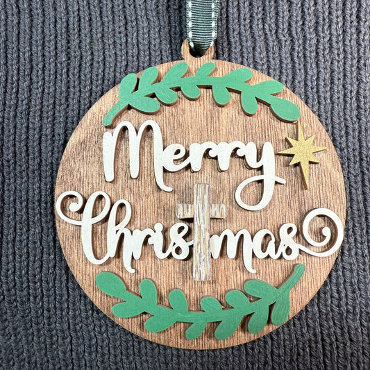 Round Merry Christmas with Cross Layered Wood Ornament