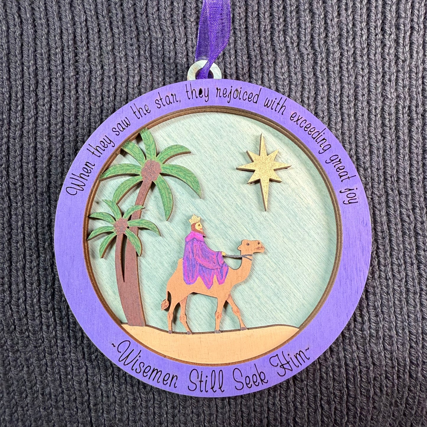 Round Wiseman with Camel Layered Wood Ornament