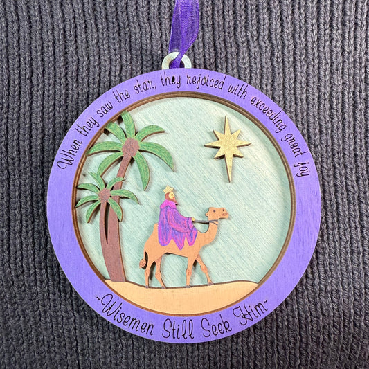 Round Wiseman with Camel Layered Wood Ornament