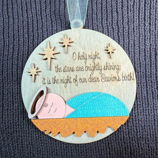 Round Baby in a Manger Layered Wood Ornament