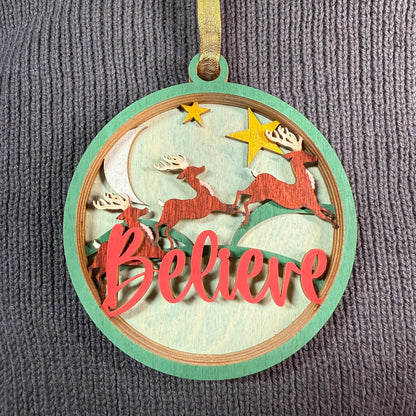 Believe Three Reindeer Layered Wood Ornament