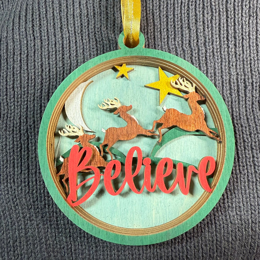 Believe Three Reindeer Layered Wood Ornament