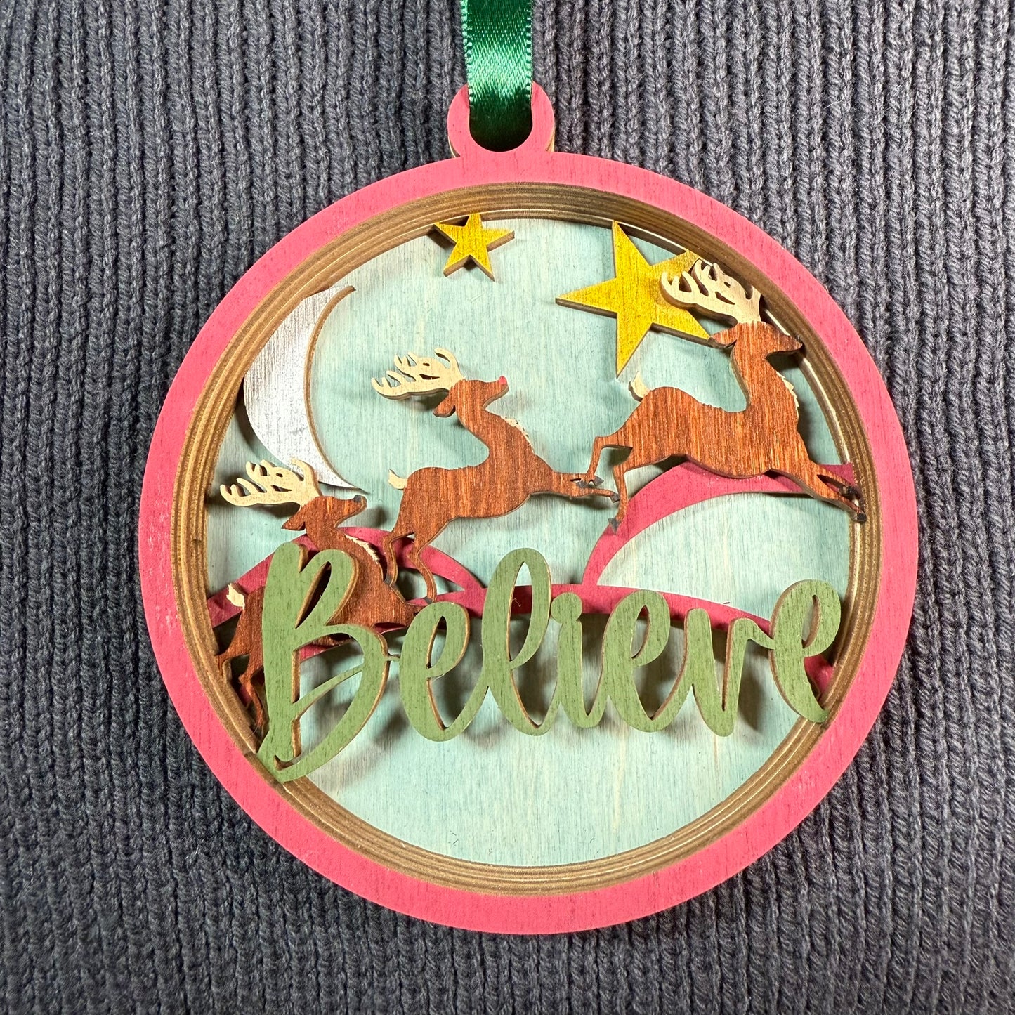 Believe Three Reindeer Layered Wood Ornament