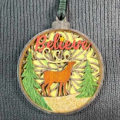 Believe One Reindeer Layered Wood Ornament