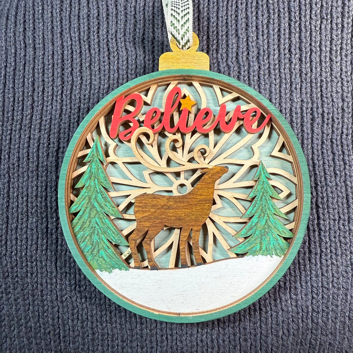 Believe One Reindeer Layered Wood Ornament