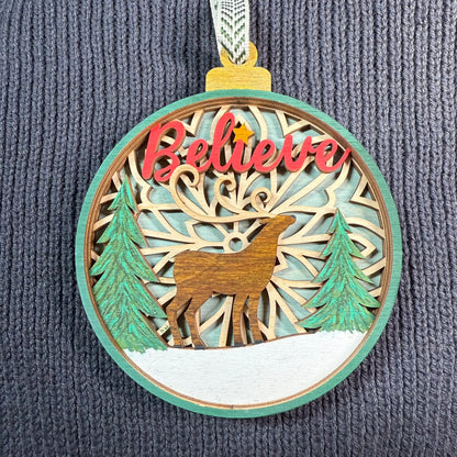 Believe One Reindeer Layered Wood Ornament