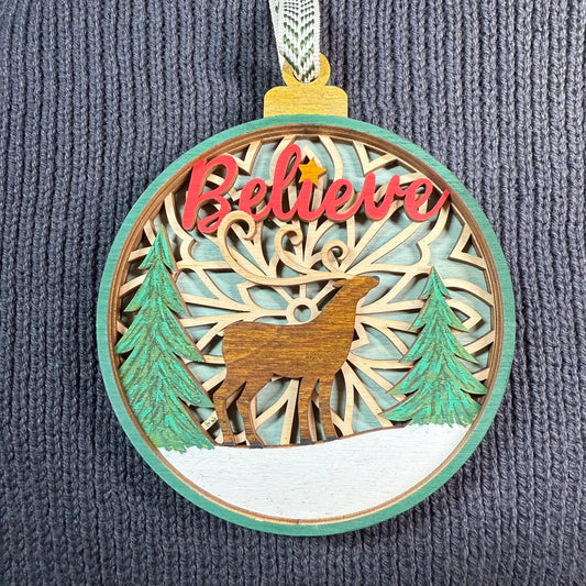 Believe One Reindeer Layered Wood Ornament