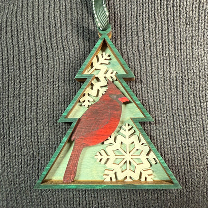 Cardinal in Tree Shaped Layered Wood Ornament