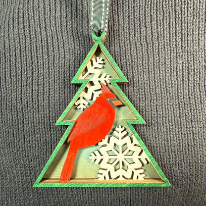 Cardinal in Tree Shaped Layered Wood Ornament
