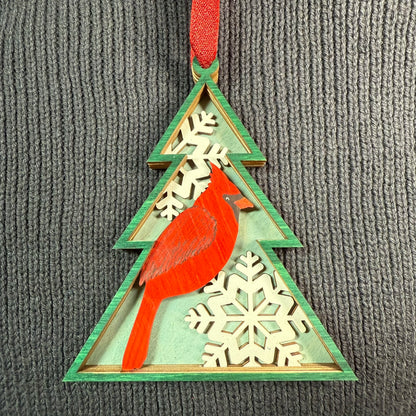 Cardinal in Tree Shaped Layered Wood Ornament