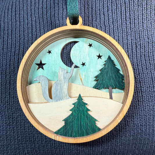 Cat & Moon Layered Wood Ornament
