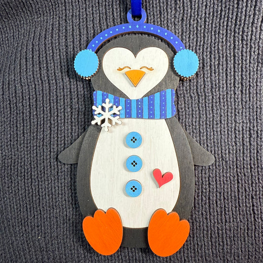 Penguin with Earmuffs Layered Wood Ornament
