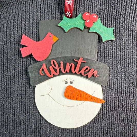 Snowman Head with Cardinal, Holly and "Winter" Layered Wood Ornament