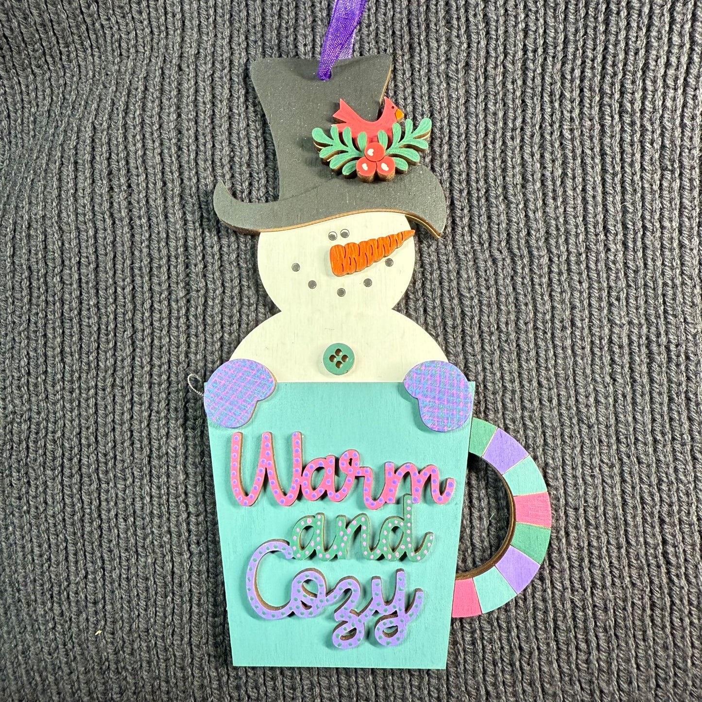 Snowman "Warm & Cozy" Cup Layered Wood Ornament