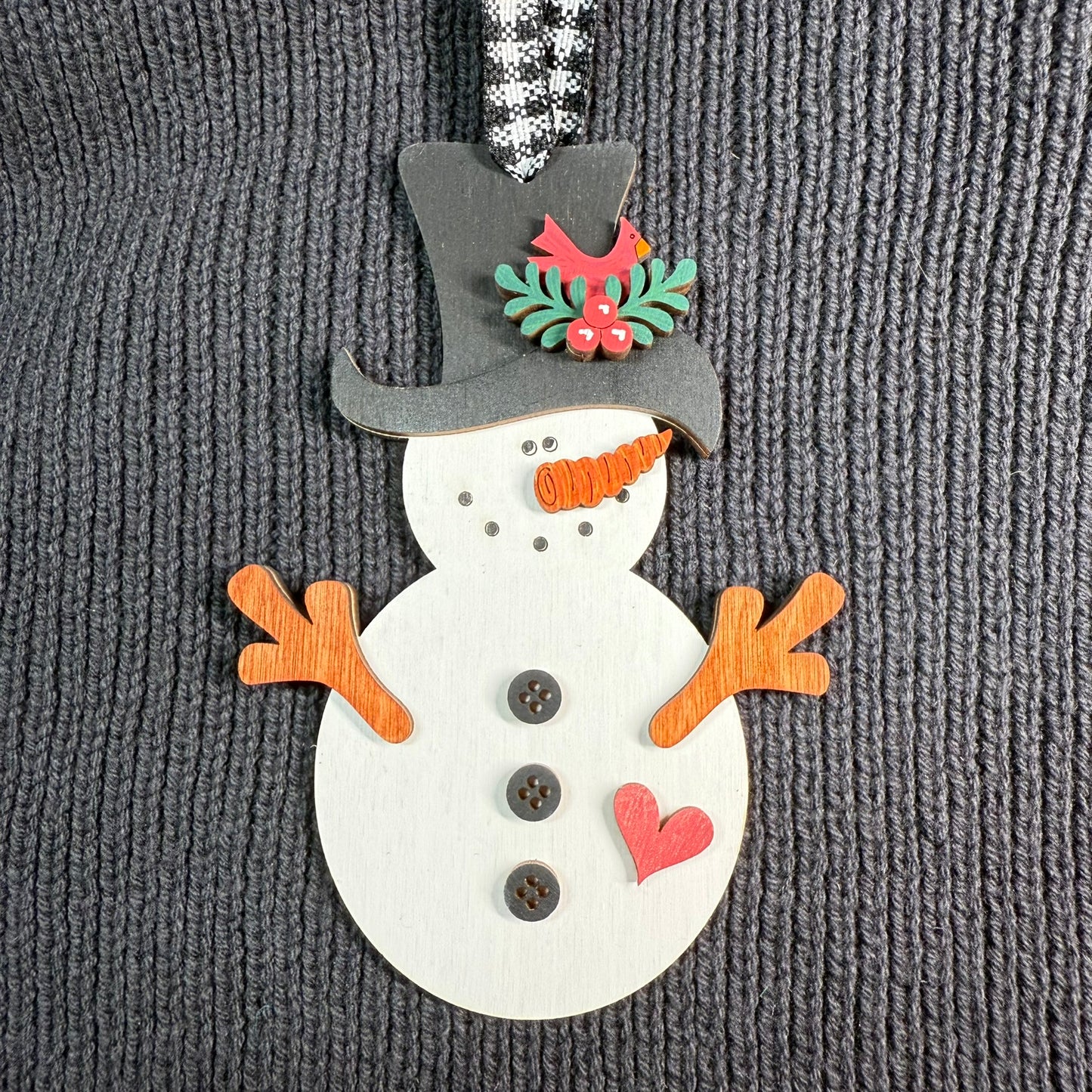 Snowman Cardinal on Hat & Heart Layered Wood Ornament
