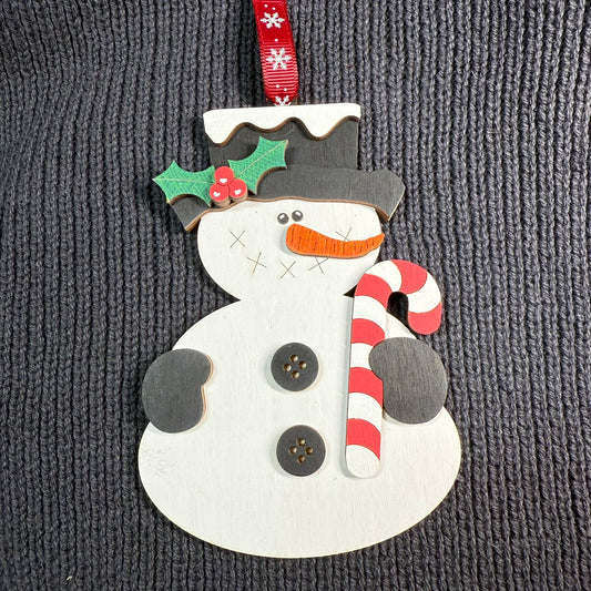 Snowman Candy Cane Layered Wood Ornament