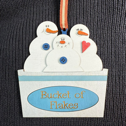 Snowman Bucket of Flakes Layered Wood Ornament