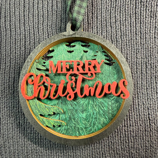 Merry Christmas & Trees Layered Wood Ornament