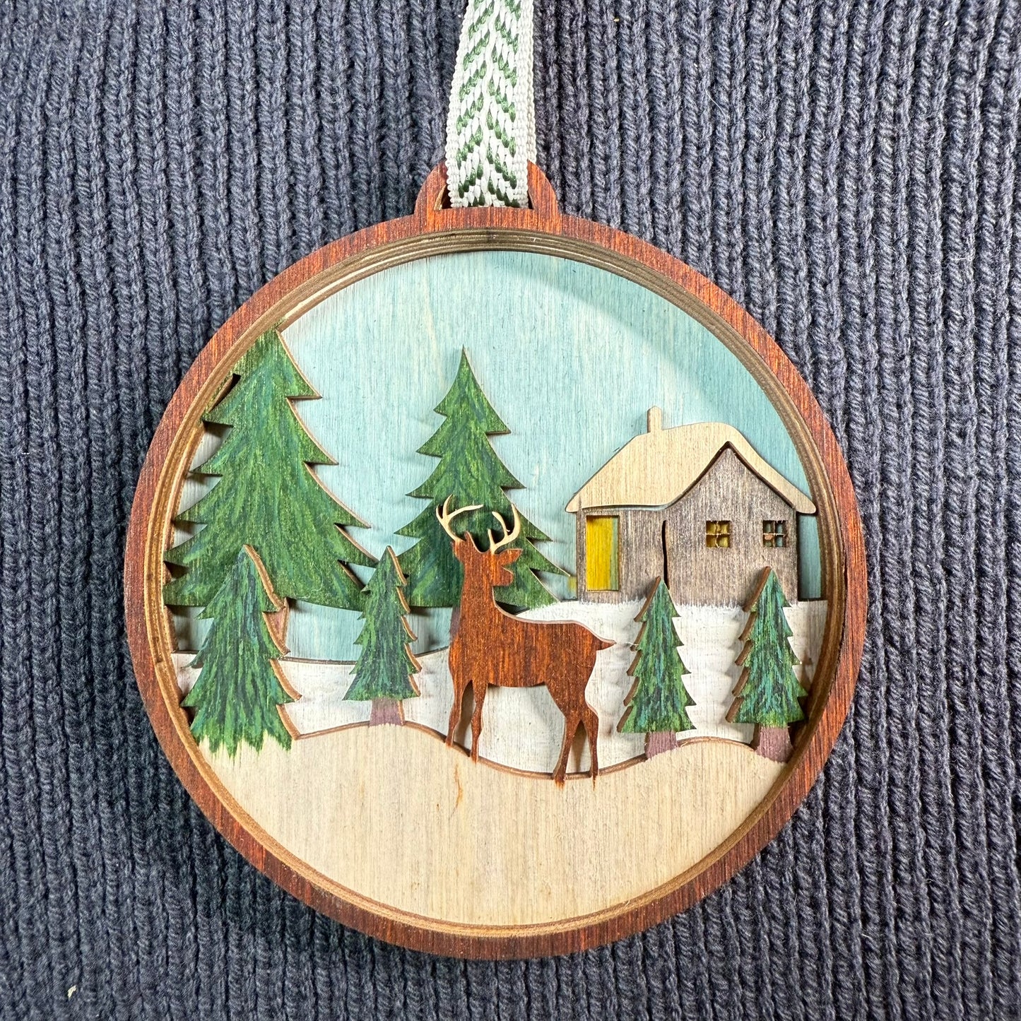 Cabin & Deer in Pines Layered Wood Ornament