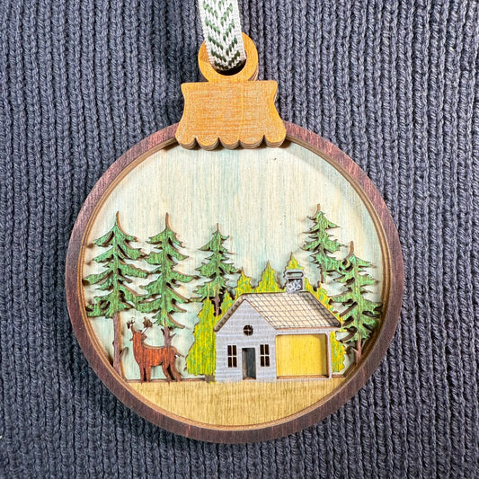 Cabin & Deer in Tall Pines Layered Wood Ornament