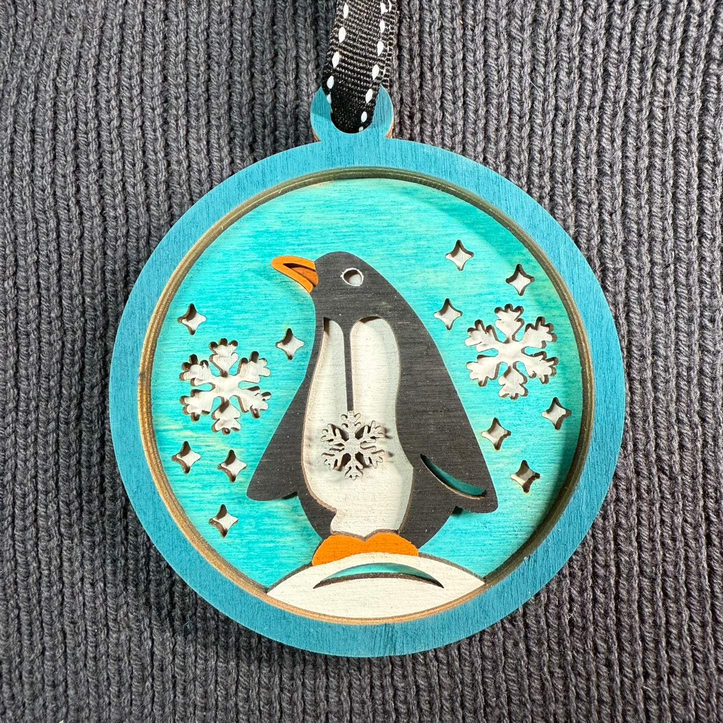 Penguin with Snowflake Belly Layered Wood Ornament