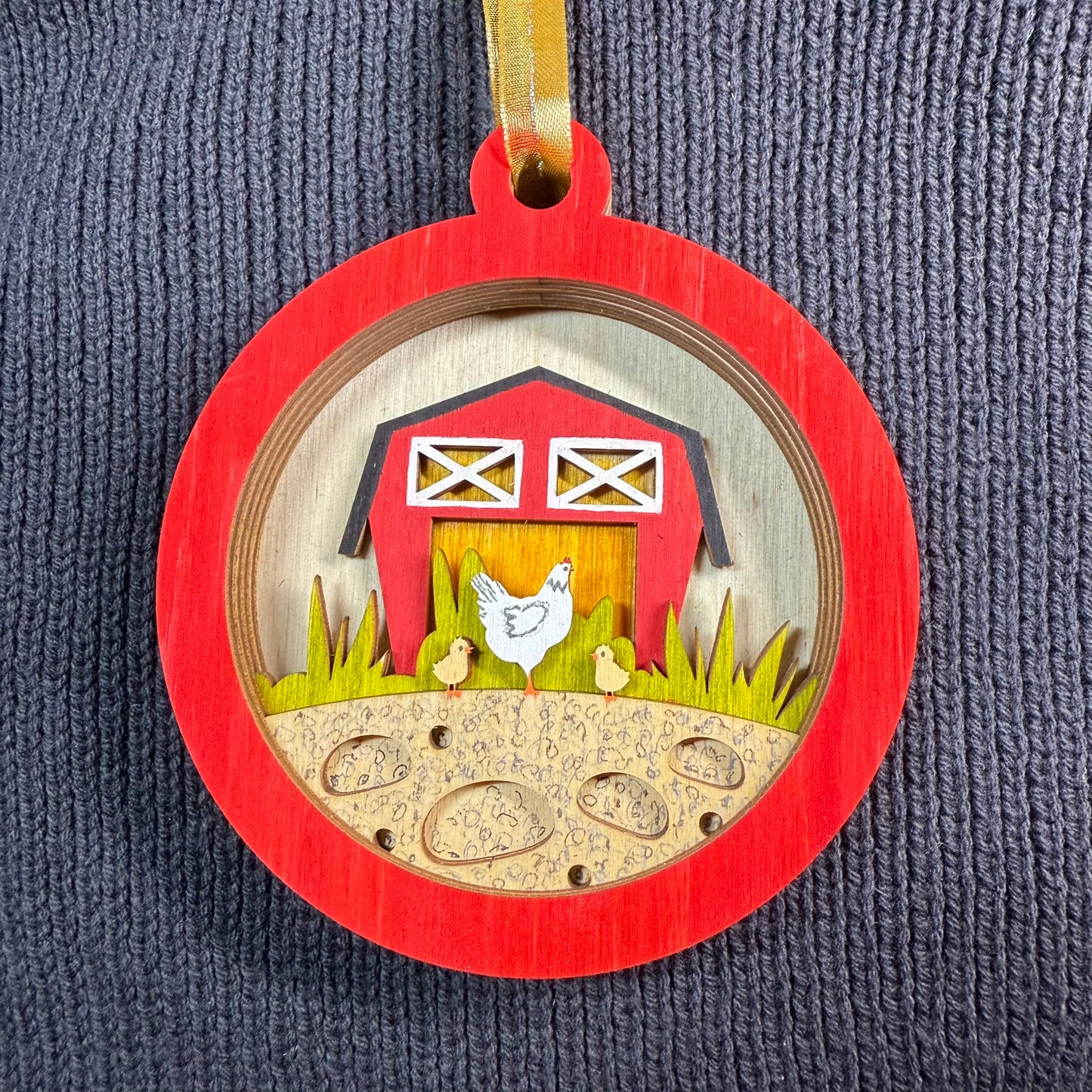 Chicken and Barn Layered Wood Ornament