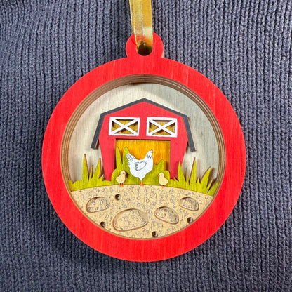 Chicken and Barn Layered Wood Ornament