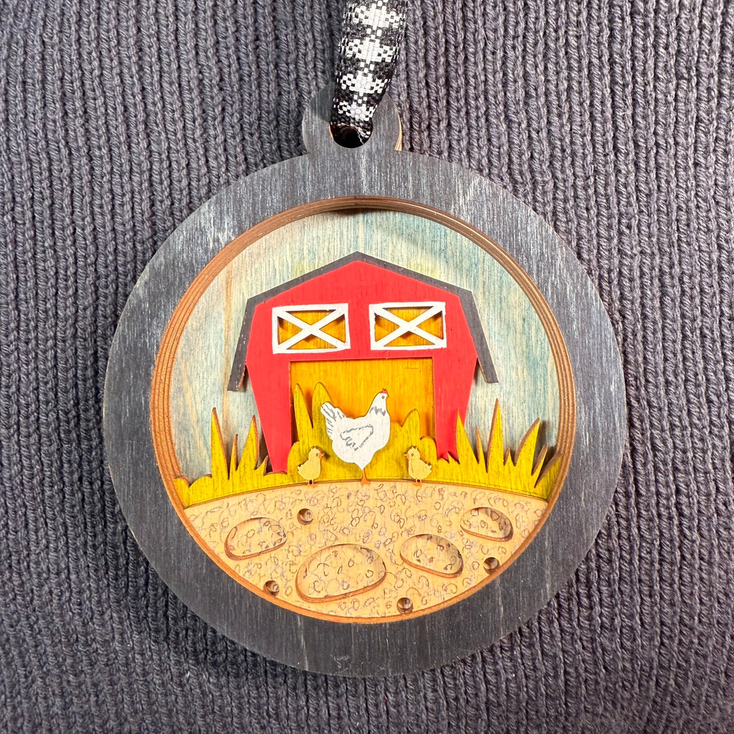 Chicken and Barn Layered Wood Ornament