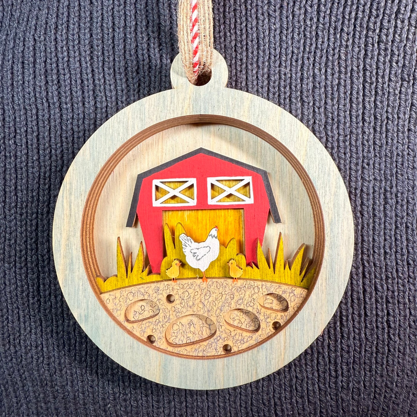 Chicken and Barn Layered Wood Ornament