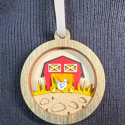 Chicken and Barn Layered Wood Ornament