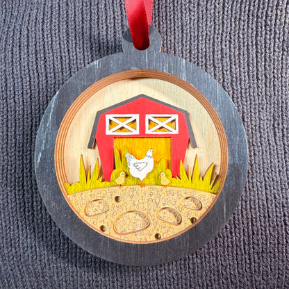 Chicken and Barn Layered Wood Ornament