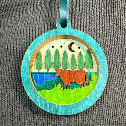 Cow Among Trees Layered Wood Ornament