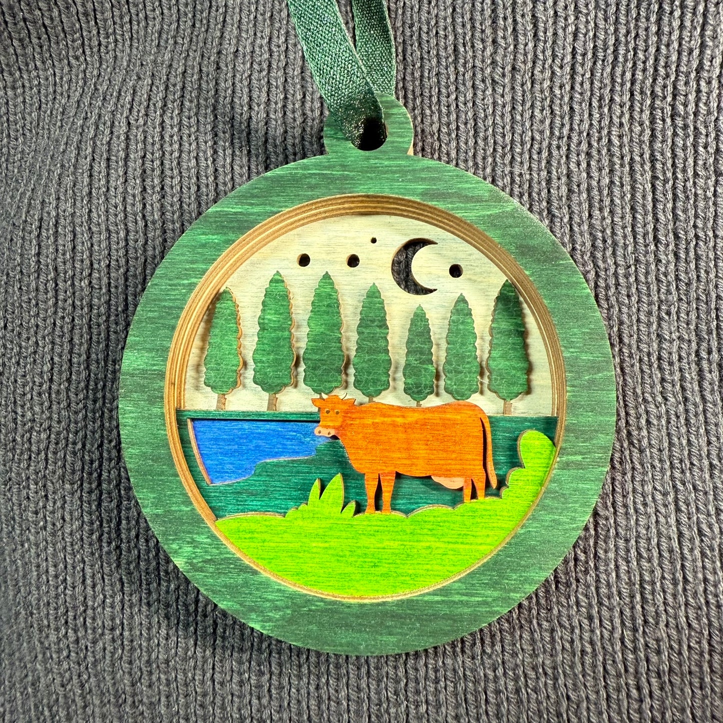 Cow Among Trees Layered Wood Ornament