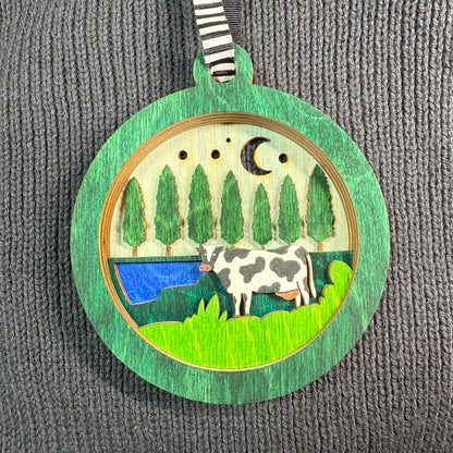 Cow Among Trees Layered Wood Ornament