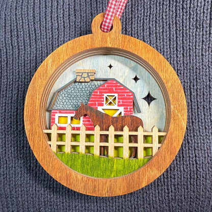 Horse and Barn Layered Wood Ornament