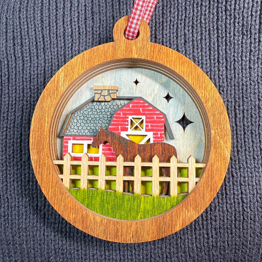 Horse and Barn Layered Wood Ornament