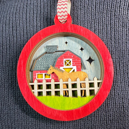 Horse and Barn Layered Wood Ornament
