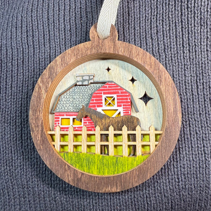 Horse and Barn Layered Wood Ornament