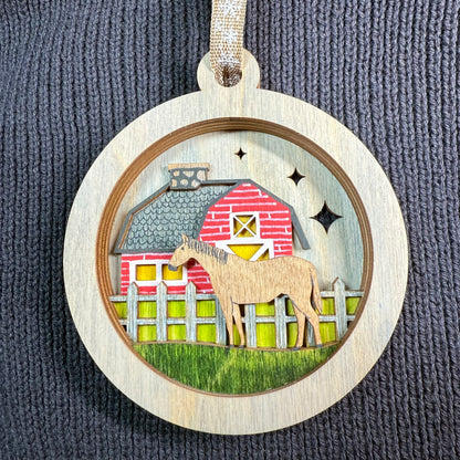 Horse and Barn Layered Wood Ornament