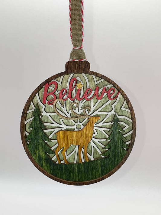 Believe One Reindeer Layered Wood Ornament