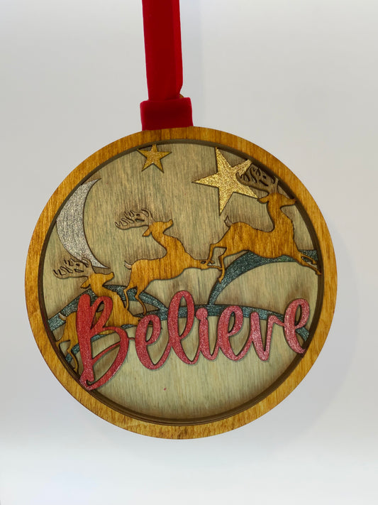 Believe Three Reindeer Layered Wood Ornament