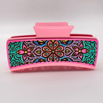 Floral Stained Glass Wood 4 inch Rectangle Hair Clip