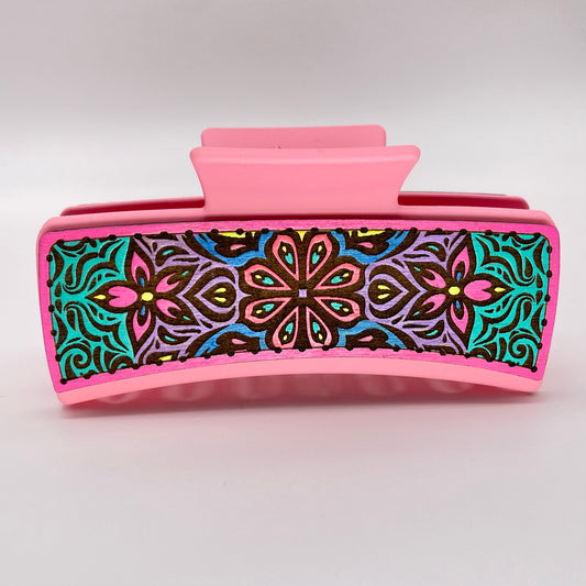 Floral Stained Glass Wood 4 inch Rectangle Hair Clip