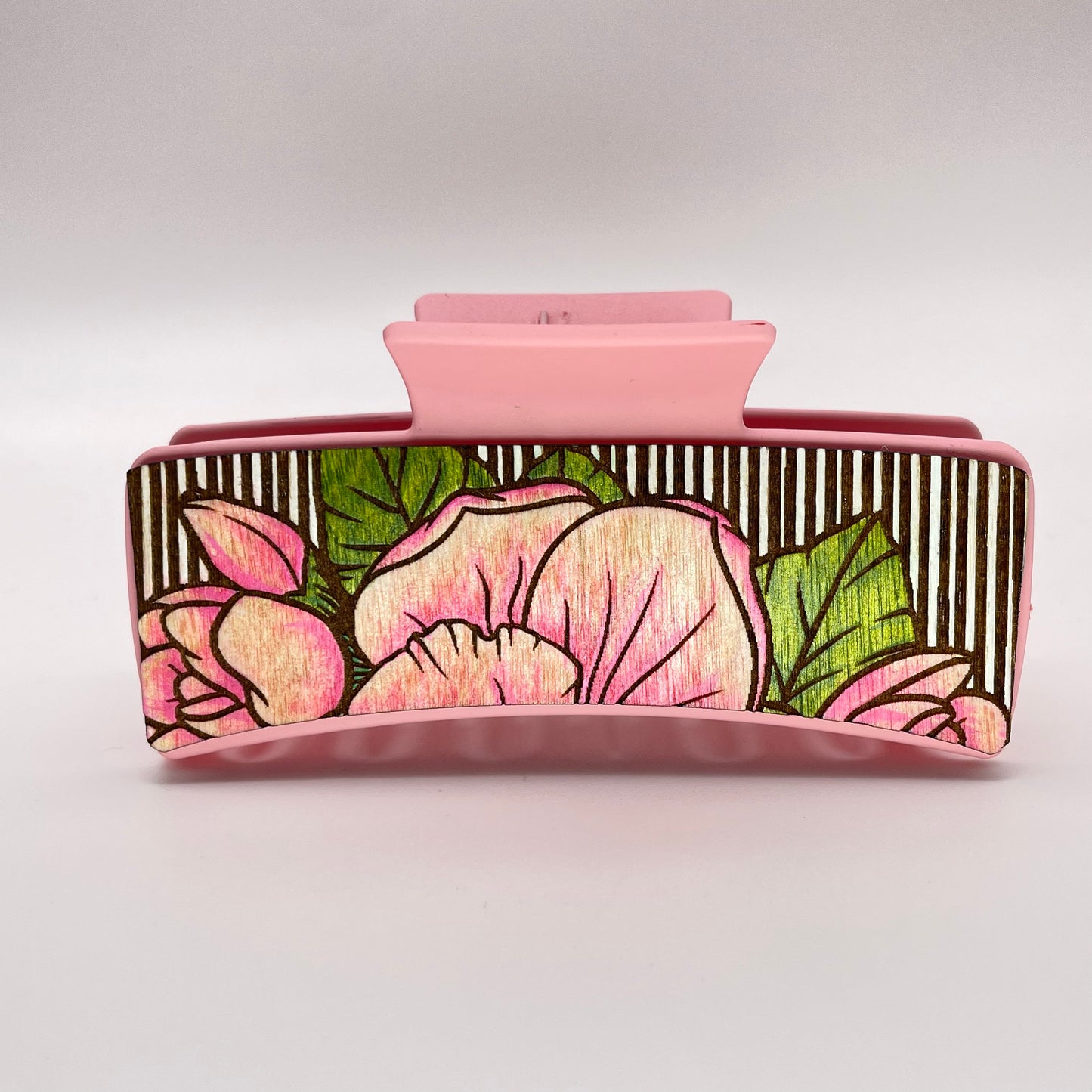 Large Flower with Striped Background Wood 4 inch Rectangle Hair Clip