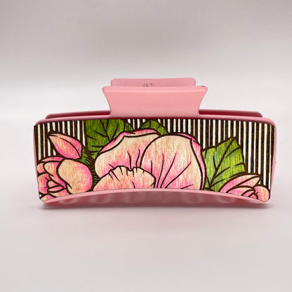 Large Flower with Striped Background Wood 4 inch Rectangle Hair Clip