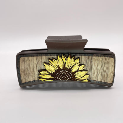 3D Single Half Sunflower Wood 4 inch Rectangle Hair Clip