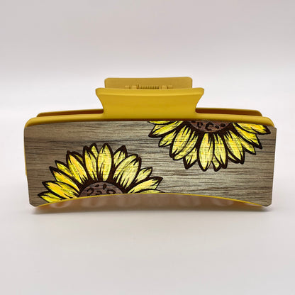 Double Half Sunflower Wood 4 inch Rectangle Hair Clip