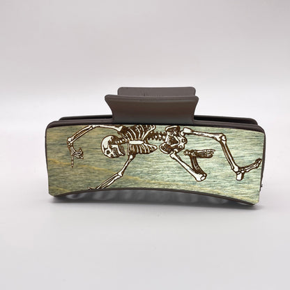 Dancing Skeleton Wood 4 inch Rectangle Hair Clip